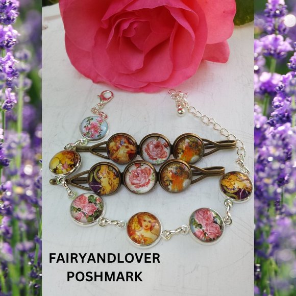 Romantic Roses Alphonse Mucha Art Nouveau Hair Bobby Pin,Bracelet Set - Picture 1 of 2